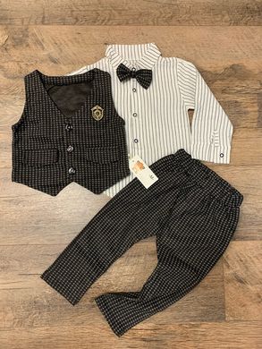 Нарядный костюм-тройка для мальчика на 1-2-3 года (жилетка + рубашка + бабочка+ брюки), темно-серый, Эмблема, 100, Мальчик, 40, 30, 34, 52, 52, 31, 92 см, Хлопок 95%, Трикотаж