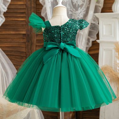 Зеленое праздничное платье с паетками для девочки, 7042, 80, Девочка, 50, 25, 80 см, Атлас, фатин, Хлопок, Чтобы платье было настолько пышным, как на картинке - необходим дополнительный подъюбник.
