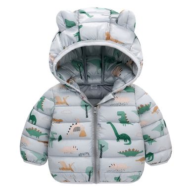 Демісезонна дитяча куртка на хлопчика Динозаври, куртка з вушками на капюшоні, на 1-5 років, сіра, 80, Хлопчик, 37, 30, 24, 29, 86 см, Поліестер, Нейлон