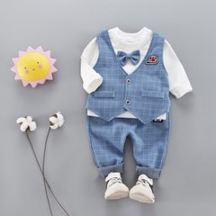 Нарядный костюм-тройка для мальчика (жилетка + брюки + реглан с бабочкой), голубой в клетку, на 1-3 года., 80, Мальчик, 36, 27, 35, 46, 27, 80 см, Трикотаж, Замер рукава - от ворота
