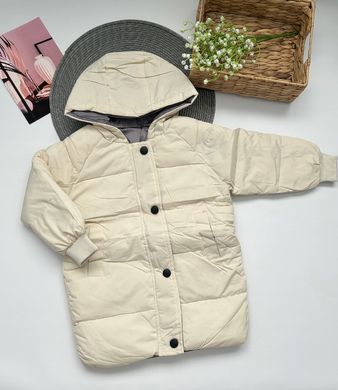 Детская куртка-пальто с капюшоном на 3-8 лет, молочная, 110 (110 см), Мальчик / Девочка, 56, 40, 43, 110 см, Полиэстер, Нейлон, Замер рукава - от ворота