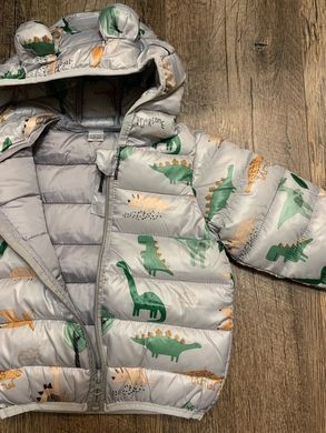 Демисезонная детская куртка на мальчика Динозавры, куртка с ушками на капюшоне, на 1-5 лет, серая, 100, Мальчик, 42, 33, 26, 34, 98 см, Полиэстер, Нейлон