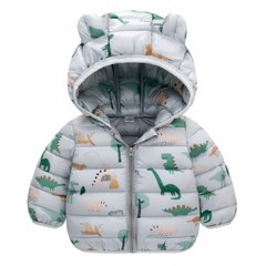 Демісезонна дитяча куртка на хлопчика Динозаври, куртка з вушками на капюшоні, на 1-5 років, сіра, 110, Хлопчик, 43, 34, 27, 36, 104 см, Поліестер, Нейлон