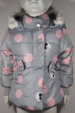 Демісезонна куртка для дівчинки Кішечка в горошок сіра, 80, Дівчинка, 34, 30, 28, 80 см, Поліестер, Махра