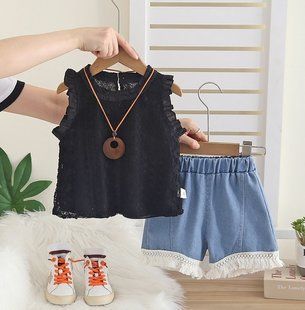 Костюм з джинсовими шортами та ажурним топом, 0342, 80 (86 см), Дівчинка, 32, 26, 26, 86 см, Бавовна, джинс