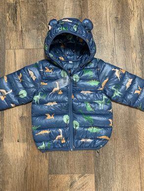 Демісезонна дитяча куртка на хлопчика Динозаври, куртка з вушками на капюшоні, на 1-5 років, синя, 80, Хлопчик, 35, 30, 32, 86 см, Поліестер, Нейлон, Замір рукава - від ворота