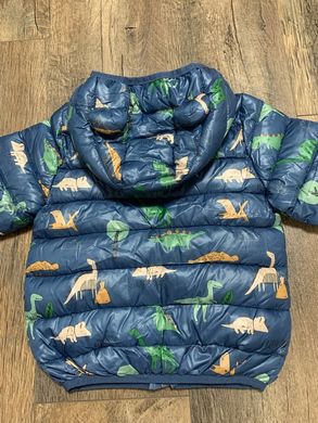 Демисезонная детская куртка на мальчика Динозавры, куртка с ушками на капюшоне, на 1-5 лет, синяя, 80, Мальчик, 35, 30, 32, 86 см, Полиэстер, Нейлон, Замер рукава - от ворота