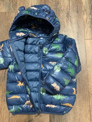 Демісезонна дитяча куртка на хлопчика Динозаври, куртка з вушками на капюшоні, на 1-5 років, синя, 80, Хлопчик, 35, 30, 32, 86 см, Поліестер, Нейлон, Замір рукава - від ворота