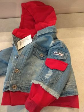 Джинсова куртка (піджак) для хлопчика з червоним капюшоном на 3-9 років., 90, Хлопчик, 33, 35, 39, 98 см, Джинс, Без підкладки, Замір рукава - від ворота