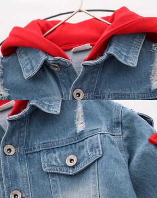 Джинсовая куртка (пиджак) для мальчика с красным капюшоном на 3-9 лет., 90, Мальчик, 33, 35, 39, 98 см, Джинс, Без подкладки, Замер рукава - от ворота