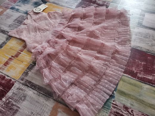 Кружевное платье рюшами, розовое 0007, 140, Девочка, 79, 33, 122 см, Кружево, Хлопок