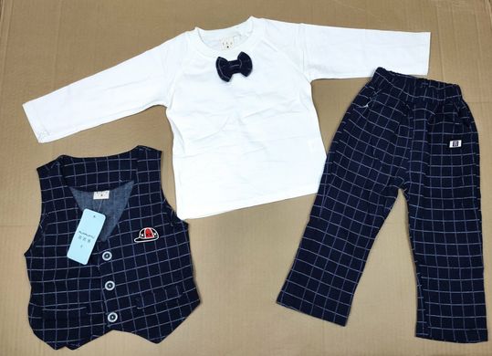 Нарядний костюм-трійка для хлопчика (жилетка + штани + реглан з метеликом), синій в клітинку, на 1-3 роки., 90, Хлопчик, 37, 28, 36, 48, 28, 86 см, Трикотаж, Замір рукава - від ворота