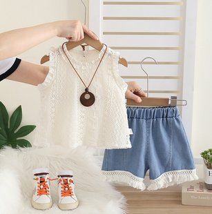 Костюм з джинсовими шортами та ажурним топом, 0343, 80 (86 см), Дівчинка, 32, 26, 26, 86 см, Бавовна, джинс