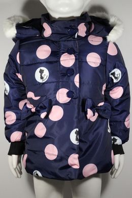 Демісезонна куртка для дівчинки Кішечка в горошок синя, 80, Дівчинка, 34, 30, 28, 80 см, Поліестер, Махра