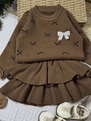 Вязаный костюм с юбкой для девочки, Бантики 0729, 90 (92 см), Девочка, 33, 30, 36, 42, 92 см, 29, Хлопок 95%, Трикотаж, Замер рукава - от ворота