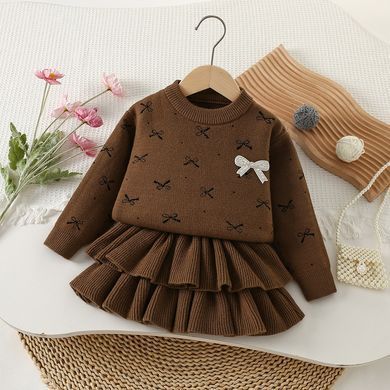 Вязаный костюм с юбкой для девочки, Бантики 0729, 90 (92 см), Девочка, 33, 30, 36, 42, 92 см, 29, Хлопок 95%, Трикотаж, Замер рукава - от ворота