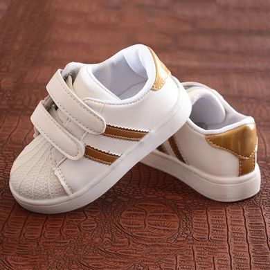 Дитячі білі кросівки зі смужками адідас, 2145, 23, Эко-кожа, Текстиль, Хлопчик, 14, Стопа має бути менша за устілку на 0,5-1 см!