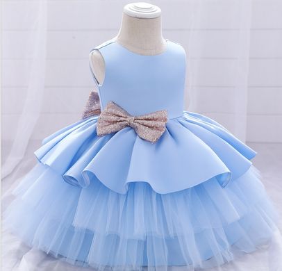 Атласное пышное платье с блестящими бантами, голубое, 80, Девочка, 50, 26, 80 см, Атлас, фатин, Хлопок