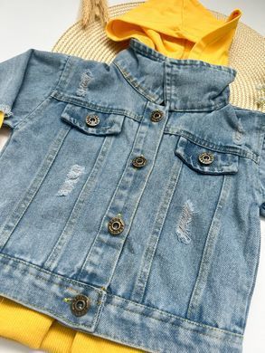 Джинсовая куртка капюшоном для мальчика, желтая, 80 (86 см), Мальчик, 34, 30, 36, 86 см, Джинс, Без подкладки, Замер рукава - от ворота