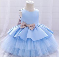 Атласное пышное платье с блестящими бантами, голубое, 110, Девочка, 64, 30, 110 см, Атлас, фатин, Хлопок