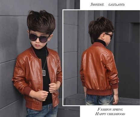 Куртка из эко-кожи для мальчика на 3-10 лет, коричневая, 100, Мальчик, 43, 36, 33, 40, 104 см, Эко-кожа, Нейлон