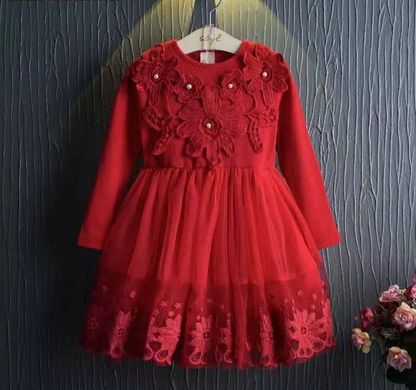 Платье для девочки Кружевные цветы, красное, 90, Девочка, 50, 32, 98 см, Трикотаж, Трикотаж, Хлопок