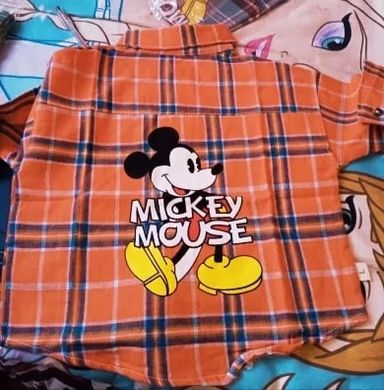 Рубашка в клеточку Микки Маус, оранжевая, 80, Мальчик / Девочка, 35, 35, 86 см, Байка, Хлопок, Замер рукава - от ворота