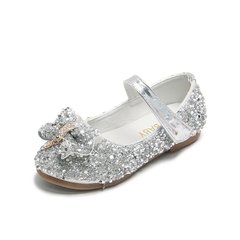 Блискучі туфлі для дівчинки Бантик срібні, 2010, 35, Стрази, Эко-кожа, Дівчинка, 21.5, Стопа має бути менша за устілку на -1 см!