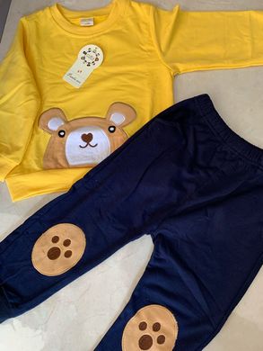 Детский костюм (спортивные штаны + свитшот) на 1-4 года желто-синий, Медвеженок, 100, Мальчик, 38, 30, 39, 50, 29, 32, 92 см, Трикотаж, Трикотаж, Замер рукава - от ворота