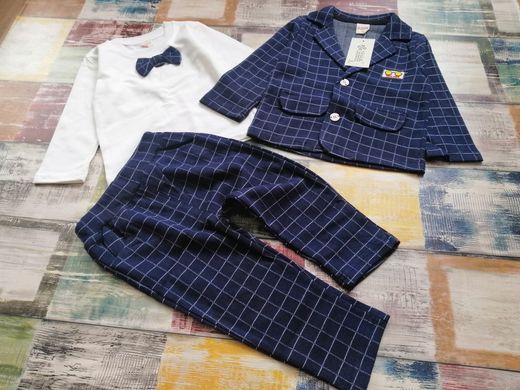Нарядний костюм-трійка для хлопчика на 1-2-3 роки, синій в клітинку класичний костюм, 110, Хлопчик, 40, 33, 33, 55, 55, 33, 98 см, Бавовна 95%, Трикотаж