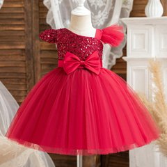Красное праздничное платье с паетками для девочки, 7009, 80, Девочка, 50, 25, 80 см, Атлас, фатин, Хлопок, Чтобы платье было настолько пышным, как на картинке - необходим дополнительный подъюбник.