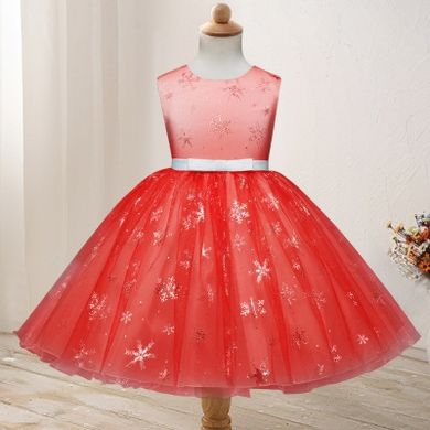 Красивое платье с блестящими снежинками, красное, 150, Девочка, 76, 35, 28, 132 см, Фатин, Хлопок, Чтобы платье было настолько пышным, как на картинке - необходим дополнительный подъюбник.