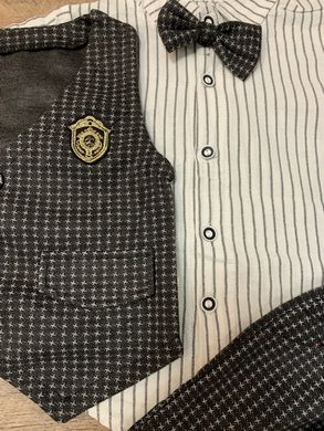 Нарядний костюм-трійка для хлопчика на 1-2-3 роки (жилетка + сорочка + метелик + штани), темно-сірий, Емблема, 110, Хлопчик, 41, 31, 37, 54, 54, 33, 98 см, Бавовна 95%, Трикотаж