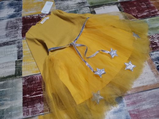 Трикотажное платье с фатином для девочки желтое на 86 см - 116 см, Звездный поясок, 80, Девочка, 43, 25, 28, 86 см, Трикотаж, Трикотаж, Хлопок