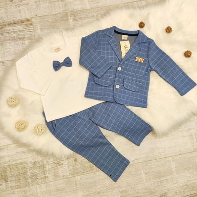 Нарядний костюм-трійка для хлопчика на 1-2-3 роки, блакитний в клітинку класичний костюм, 80, Хлопчик, 34, 29, 30, 45, 23, 80 см, Бавовна 95%, Бавовна 95%