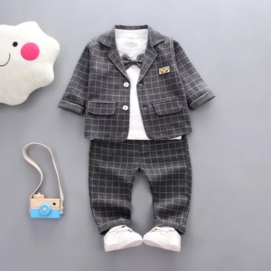Нарядний костюм-трійка для хлопчика на 1-2-3 роки, сірий в клітинку класичний костюм, 90, Хлопчик, 36, 30, 32, 48, 48, 26, 86 см, Бавовна 95%, Трикотаж