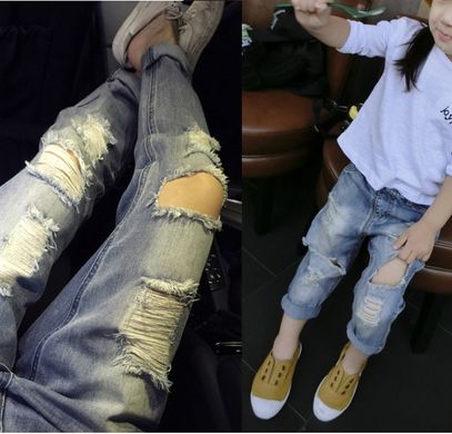 Голубые джинсы с большими дырками на коленах, 100, Мальчик / Девочка, 56, 36, 98 см, Джинс