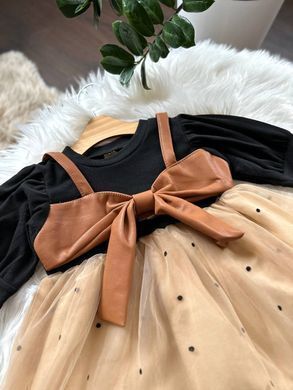 Платье для девочки Кожаный бант, 0646, 100 (110 см), Девочка, 48, 28, 34, 110 см, Трикотаж, фатин, Без подкладки, Замер рукава - от ворота