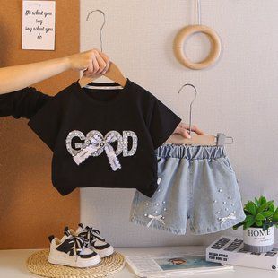 Костюм з джинсовими шортами для дівчинки, 12273, 80 (80 см), Дівчинка, 33, 29, 23, 80 см, Бавовна, джинс