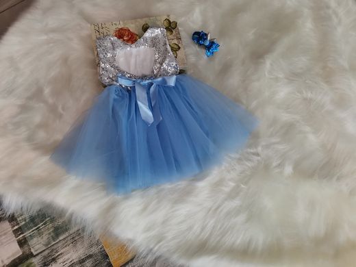 Святкова блакитна сукня в паєтках з пишною спідницею на 1-7 років, 80, Дівчинка, 46, 23, 20, 80 см, Атлас, фатин