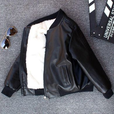 Куртка детская из эко-кожи на меховой подкладке, черная, 160, Мальчик, 58, 48, 51, 140 см, Эко-кожа, Махра