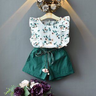 Костюм с зелеными шортами для девочки, 7 (92 см), Девочка, 37, 30, 27, 27, 92 см, Хлопок 95%, Хлопок 95%