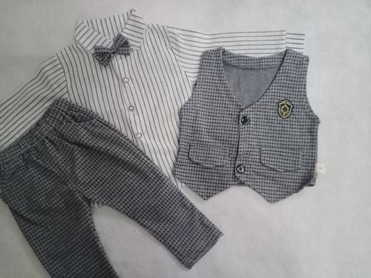 Нарядний костюм-трійка для хлопчика на 1-2-3 роки (жилетка + сорочка + метелик + штани), сірий, Емблема, 100, Хлопчик, 40, 30, 34, 52, 52, 31, 92 см, Бавовна 95%, Трикотаж