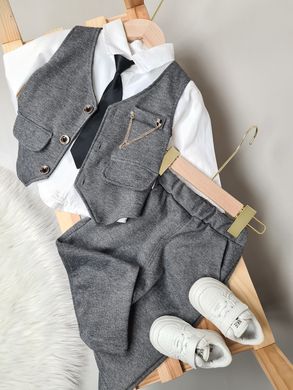 Нарядный костюм-тройка для мальчика (жилетка + рубашка + галстук + брюки), 214, 80, Мальчик, 32, 27, 47, 6, 80 см, Трикотаж