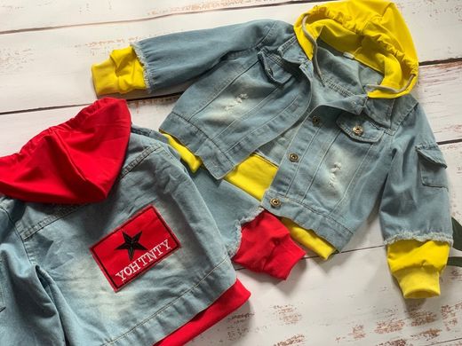 Джинсовая куртка капюшоном для мальчика, желтая, 120, Мальчик, 46, 41, 110 см, Джинс, Без подкладки