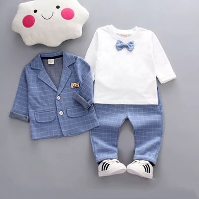Нарядний костюм-трійка для хлопчика на 1-2-3 роки, блакитний в клітинку класичний костюм, 100, Хлопчик, 37, 30, 33, 51, 30, 92 см, Бавовна 95%, Трикотаж