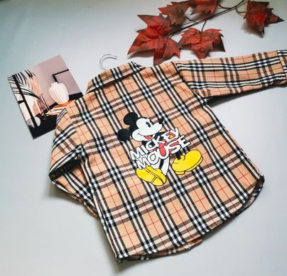 Утепленная рубашка в клеточку Микки Маус, бежевая, 80, Мальчик / Девочка, 35, 35, 86 см, Байка, Плюш, Замер рукава - от ворота