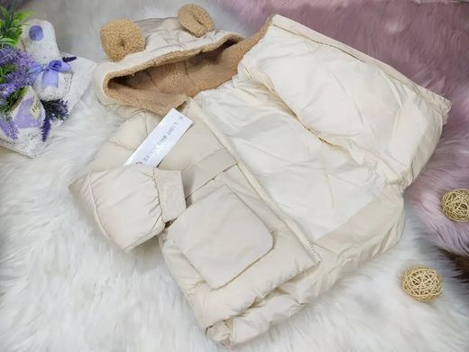 Куртка детская с меховым капюшоном, бежевая, 100 (92 см), Мальчик / Девочка, 37, 34, 36, 92 см, Полиэстер, Нейлон, Замер рукава - от ворота