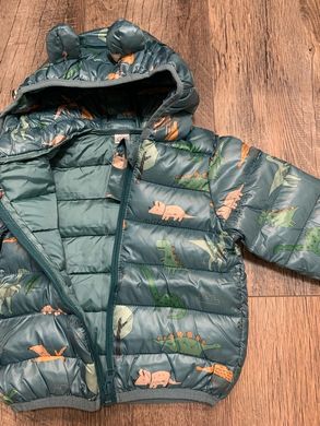 Демісезонна дитяча куртка на хлопчика Динозаври, куртка з вушками на капюшоні, на 1-5 років, зелена, 80, Хлопчик, 37, 30, 24, 29, 86 см, Поліестер, Нейлон